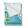 thumbnail image 2 of Starfish Soft Flannel Fleece Throw Blanket, Rustic Wood Boards Fishing Net and the Ocean Animals Nautical Print, Cozy Plush for Indoor and Outdoor Use, 50" x 70", Turquoise White Orange, by Ambesonne, 2 of 5