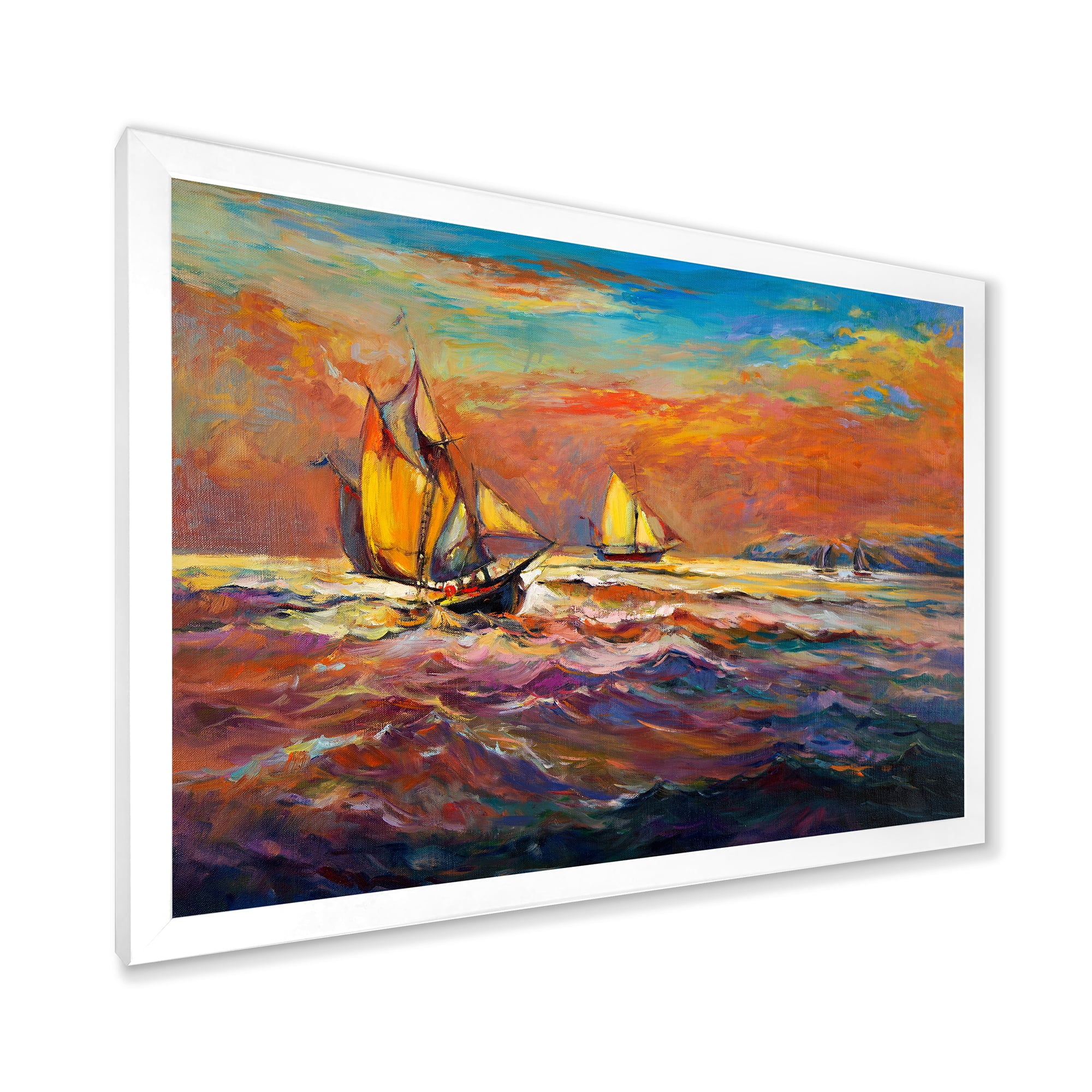 Sail ships On The Ocean Waves During Orange Evening Glow 40 in x 30 in Framed Painting Canvas Art Print, by Designart