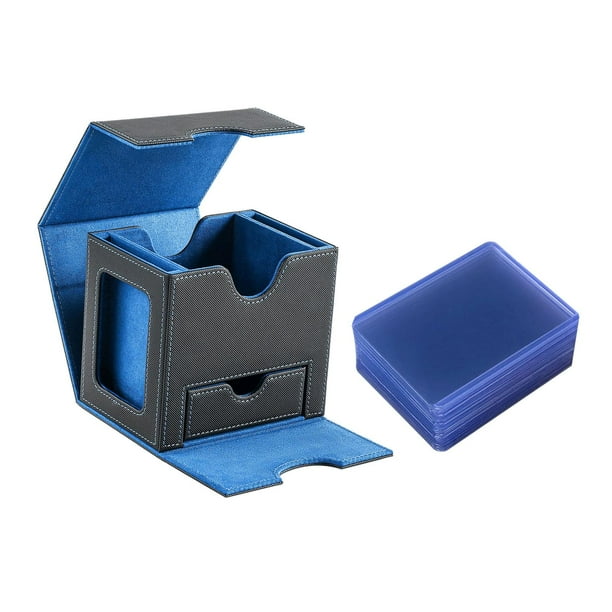 Caja para baraja de cartas con capacidad para 100 tarjetas Contenedor de tarjetas coleccionables de primera calidad, caja de almacenamiento para baraja de cartas, tarjetero para tarjetas azul