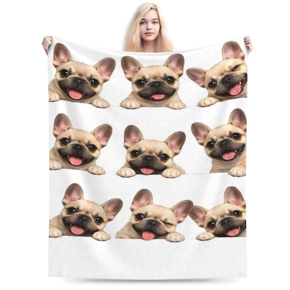 French Bulldog Pattern Throw Blanket, Repeating Puppy Face Design Fleece Blanket, Cozy Pet Lover Home Decor Blanket for Sofa Bed 50x40