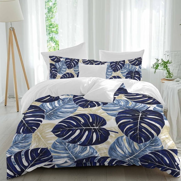 Tropical Plant Twin Size Comforter Set, Blue Palm Leaf Country Texture Bedding for All Seasons, 4 Pcs Bed Set, 1 Quiltcover (68"x86") ,1Sheet(67"x116"), 2Pillowcases (30"x20")