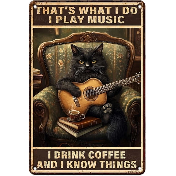 Metal Sign Black Cat I Play Music I Drink Coffee Metal Tin Sign Vintage Signs Retro for Home Yard Garden Bar Cafe Decor 8x12 Inch