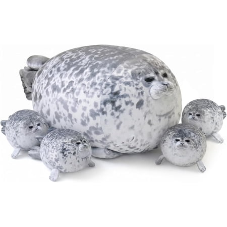 Chubby Seal Pillow Plush with 4 Baby Seal Plushies in Her Tummy, Stuffed Cotton Plush Animal Toy for Kids and Adult Gift