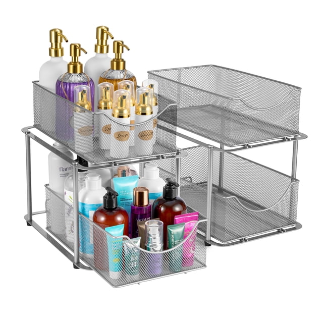 Sorbus 2 Juegos de Organizadores de Metal de 2 Niveles Debajo Del Fregadero para Baño, Cocina, Cajones Deslizantes de Malla de Acero Resistente para Gabinete, Armario, Despensa y Almacenamiento