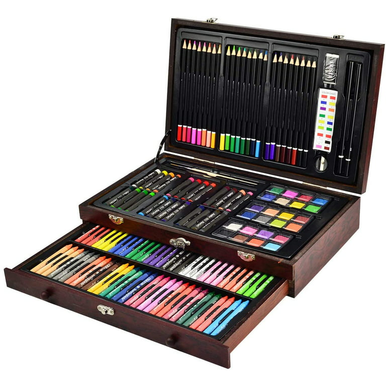 Kiddycolor 85 Piece Wooden Art Set, Art Box Painting & Drawing Kit for Kids with Oil Pastels, Colored Pencils, Watercolor Cakes, Paint Brushes, Art