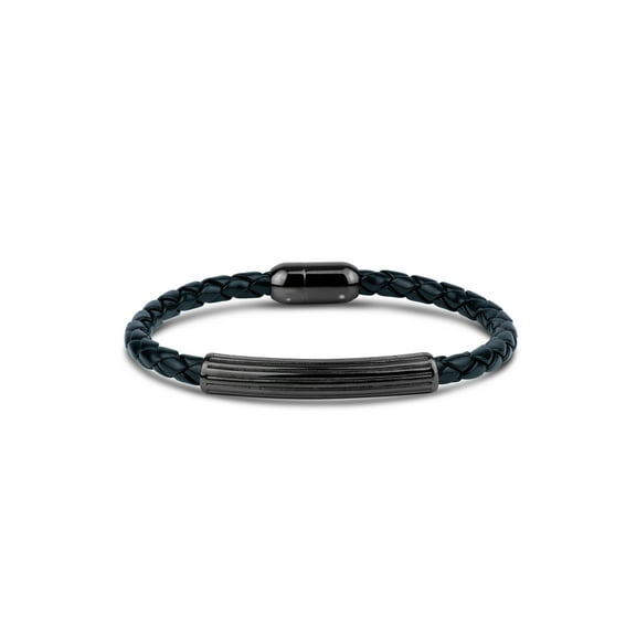 316L Stainless Steel Gunmetal IP Textured Center Leather Braided Bracelet, 8.5"