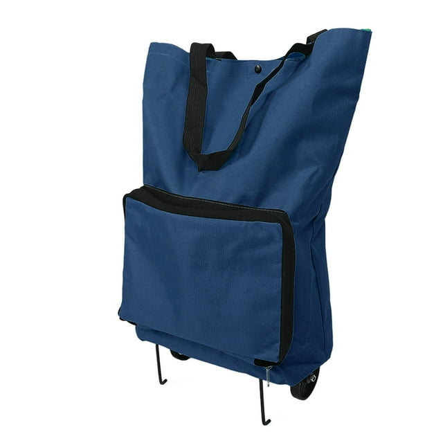 Foldable Cart Bag, Sturdy Zipper Foldable Shopping Cart Large Capacity Portable With Wheels For Traveling Navy Blue