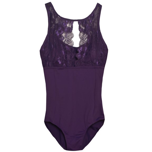 Danshuz Womens Purple Peekaboo Tank Lace Overlay Dance Leotard Adult M