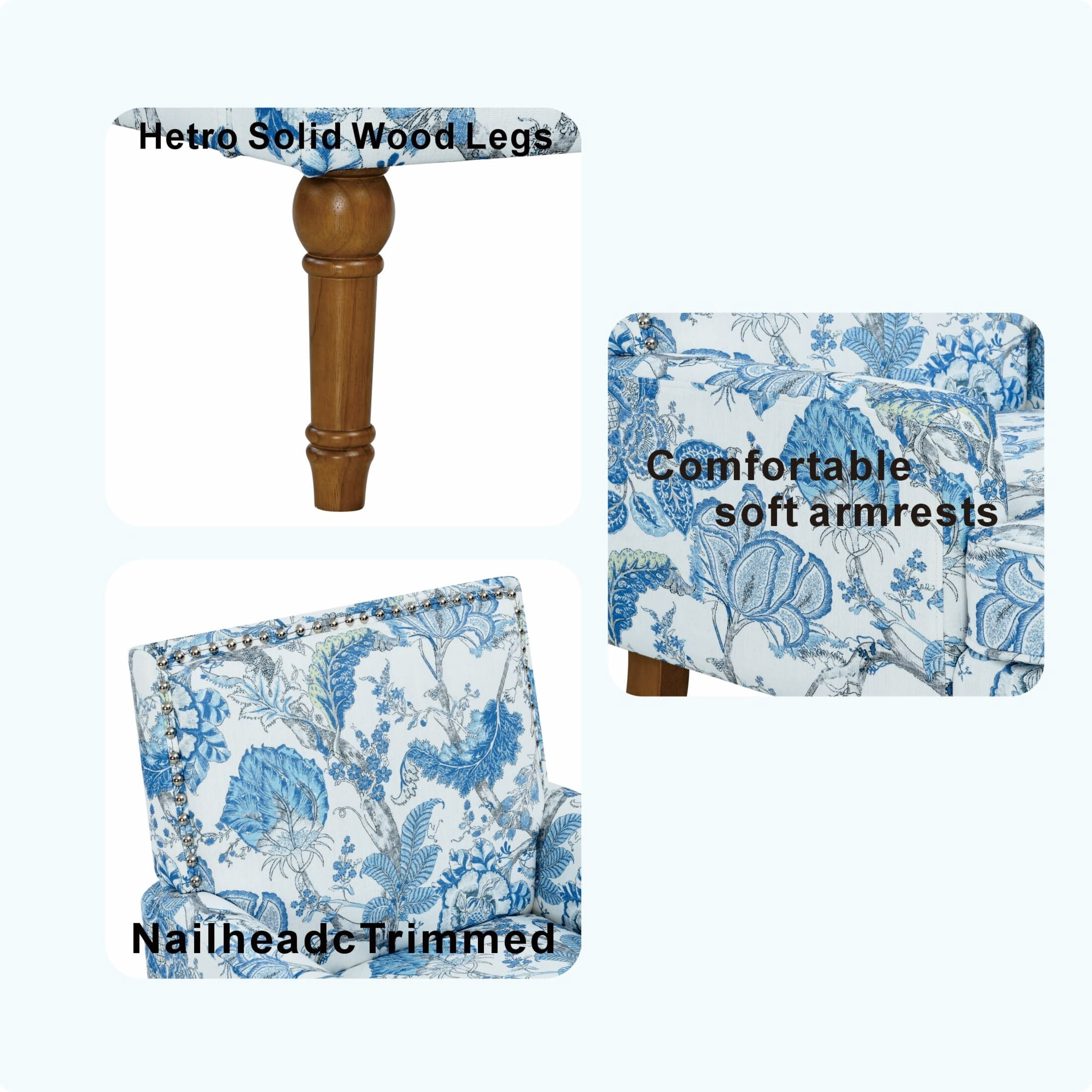 Noble House Floral Accent Chair with Nailhead Trim, Solid Wood Legs, Blue + White