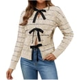 thumbnail image 2 of Byworldtasic Womens Sweaters Womens Striped Tie Front Cardigan Sweaters Crew Neck Long Sleeve Cable Knit Bow Knot Trendy Sweater Tops Beige, 2 of 9