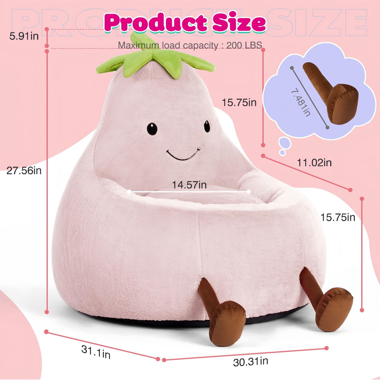 Kelno 31" Kids Bean Bag Chair Faux Rabbit Fur Lazy Chair Toddler Couch, Pink
