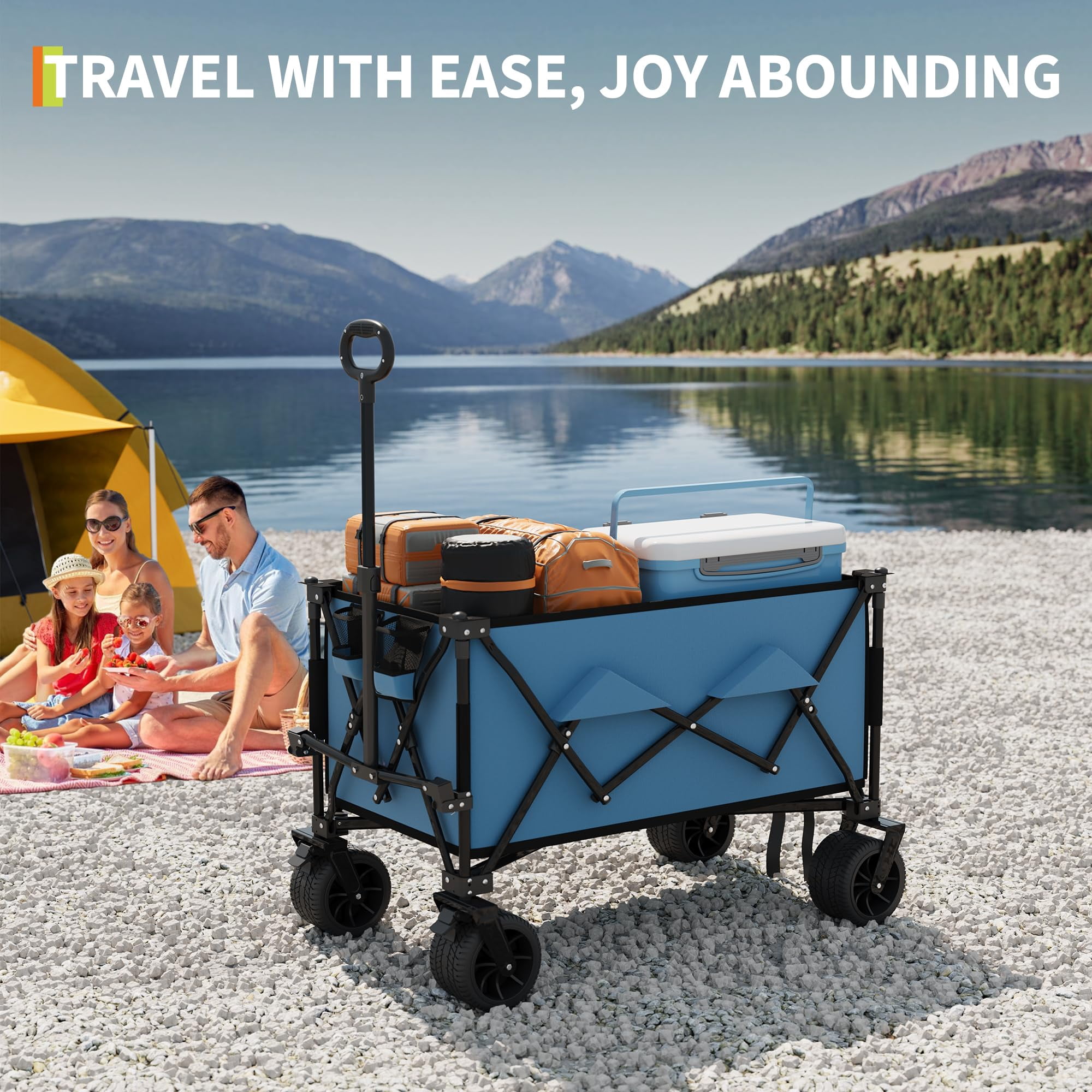 Soonbuy 35" Outdoor Heavy Duty Foldable Wagon for Beach, Large Collapsible Camping Wagon, All Terrain Beach Wagons Extended with Cup Holders for Sand, Garden, Patio, Backyard, Black/Blue/Red