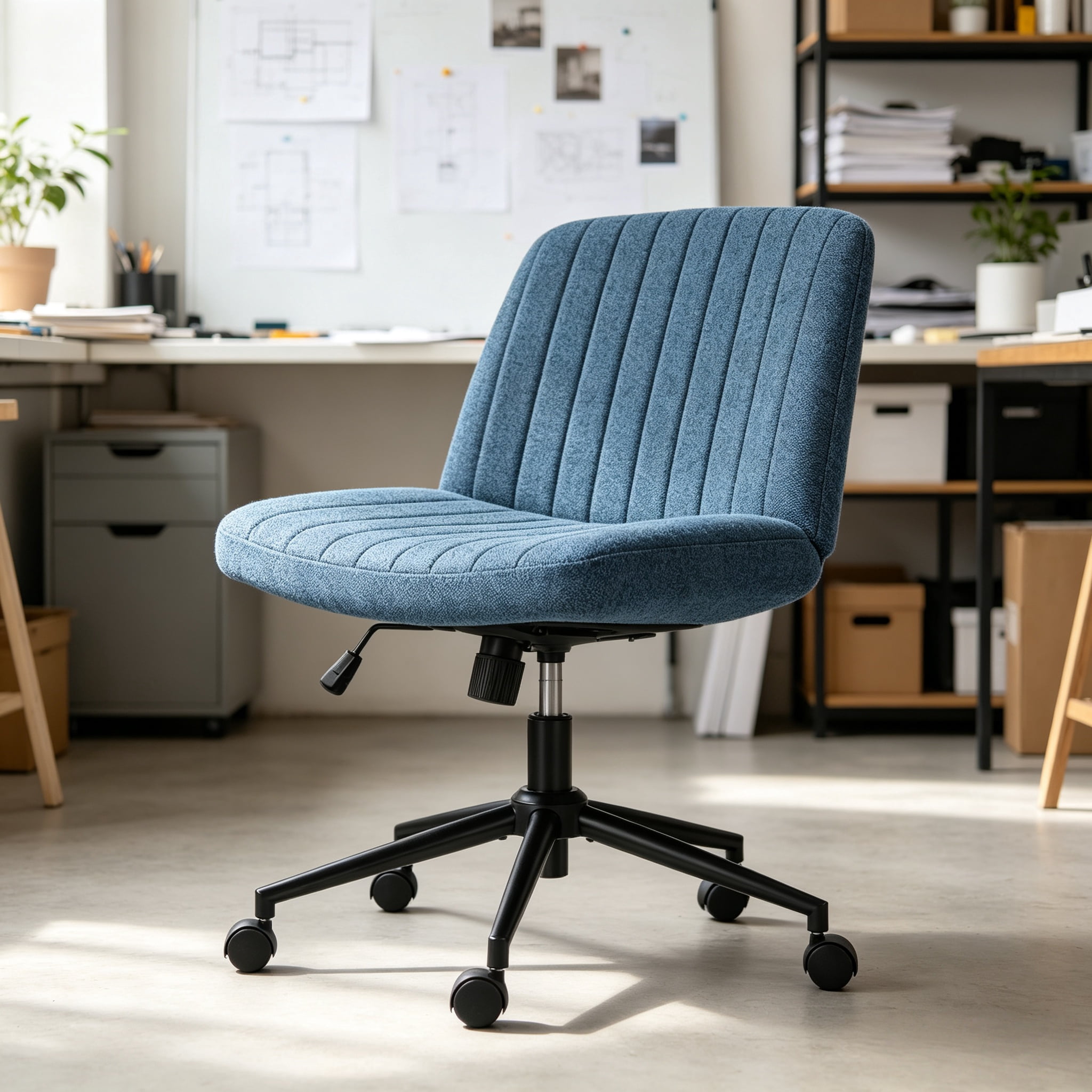 Office Desk and Vanity Chair, Armless Cross-Legged Swivel Task Chair with Wide Fabric Seat, Height Adjustment, and Replaceable Wheels or Fixed Base