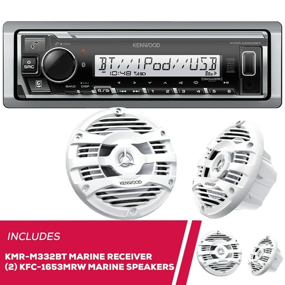 Kenwood KMR-M332BT Digital Media Receiver with Bluetooth with 2 Pairs of KFC-1653MRW 6.5" 2-way Marine Speaker System (White), 150W Max Power
