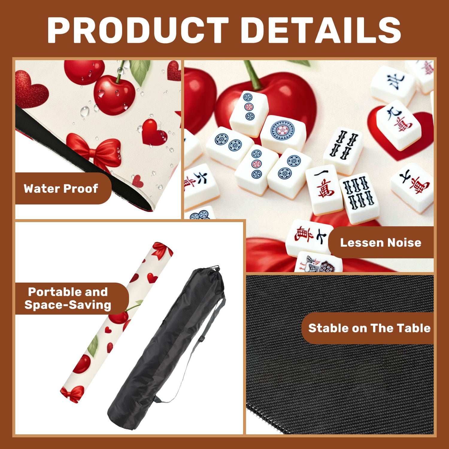 Mahjong Mat 31.5" x 31.5" Red Cherries Hearts Bows Cream Non-Slip Noise Reduction American Mahjong Tiles Table Cover for Dominoes Poker Card Board Games Gift