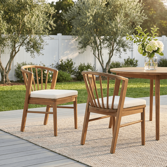 Outdoor Dining Chairs Set of 2, Acacia Wood Patio Chairs with Cream Washable Cushion,for Backyard, Poolside, Garden,Teak