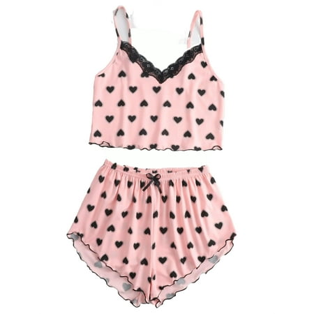 

Womens Pajama Sets Lettuce Trim Spaghetti Strap Sleepwear Baby Pink XL