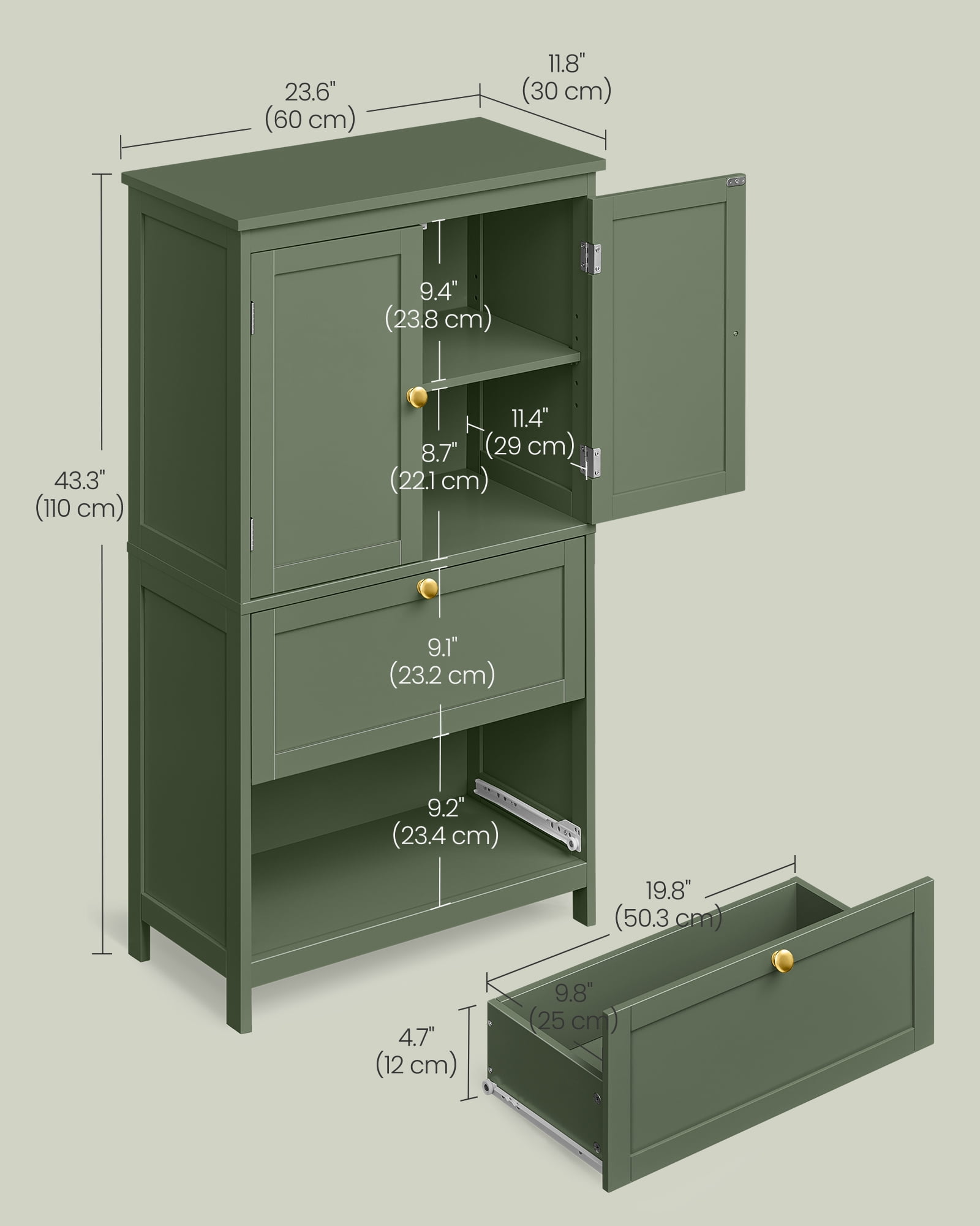 Floor Storage Cabinet,  Storage Unit, Freestanding  Cabinet with 2 Drawers and 2 Doors, Adjustable Shelf, 11.8 x 23.6 x 43.3 Inches, Forest Green