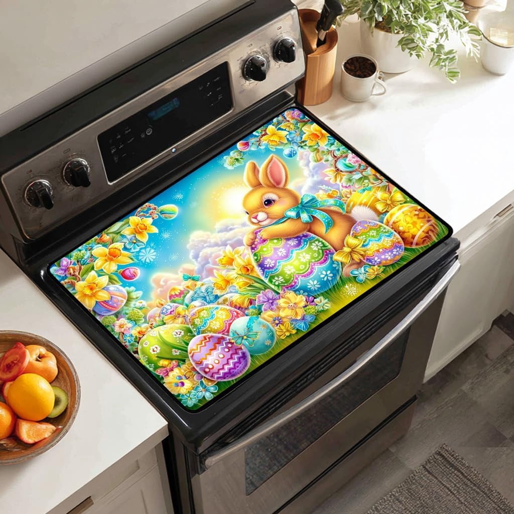 Colorful Easter Bunny Electric Stove Top Cover,Spring Garden Rabbit Heat Resistant Glass Stove Top Cover for Electric Stove – Easter Eggs Glass Cooktop Protector Expands Usable Space