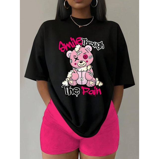 T-Shirt à Col Rond Imprimé Ours, Haut Décontracté à Manches Courtes pour Printemps et Été, Tee-Shirt pour Femmes, Hommes, Femmes, Adolescents, Adolescents, Jeunes