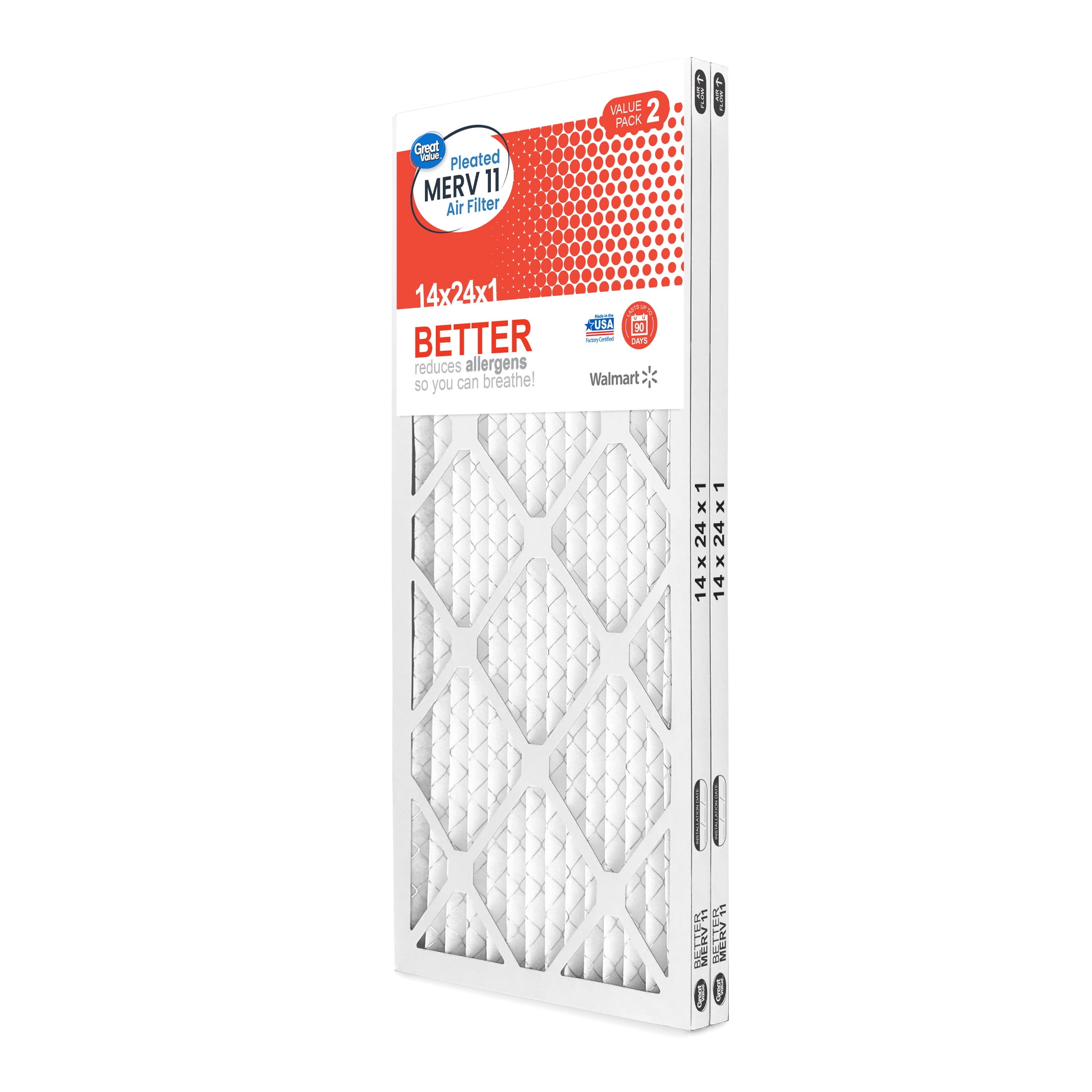 Great Value; 14x24x1; MERV 11 BETTER HVAC Air and Furnace Filter; Reduces Allergens; 2 Filters