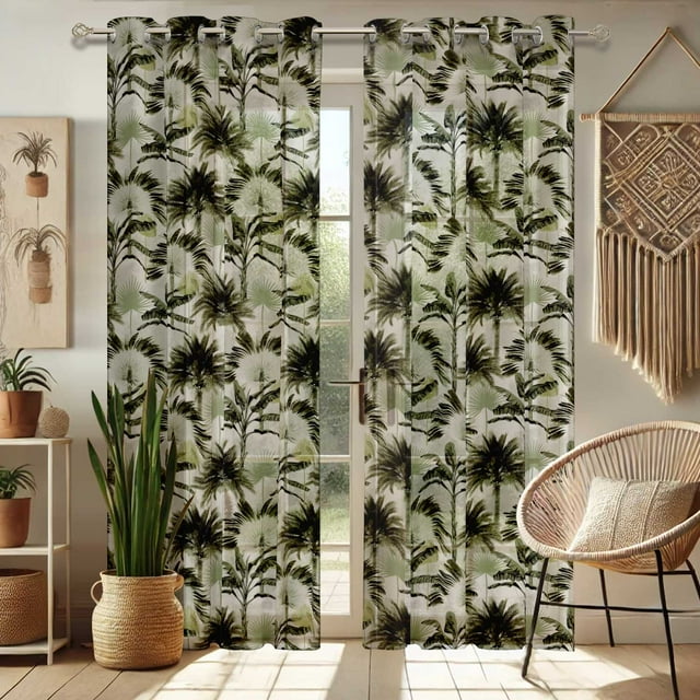Vargottam Tropical Tree Print Sheer Georgette Curtains for Windows & Small Doors - Set of 2 Panels, 72" Long, Grommet Top, Printed Light Filtering Drapes for Living Room or Study