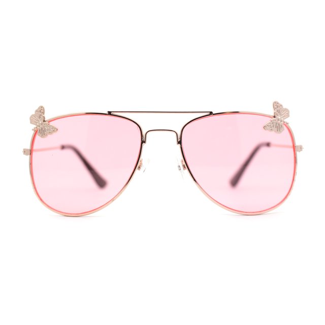 Kids Size Girls Butterfly Metal Jewel Pin Aviator Sunglasses Gold - Pink