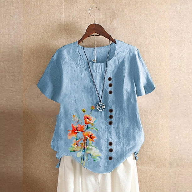 Fiudx Ofertas Flash Del Día Blusa Superior de Camiseta de Manga Corta con Cuello Redondo y Botones Informales con Estampado de Moda para Mujer