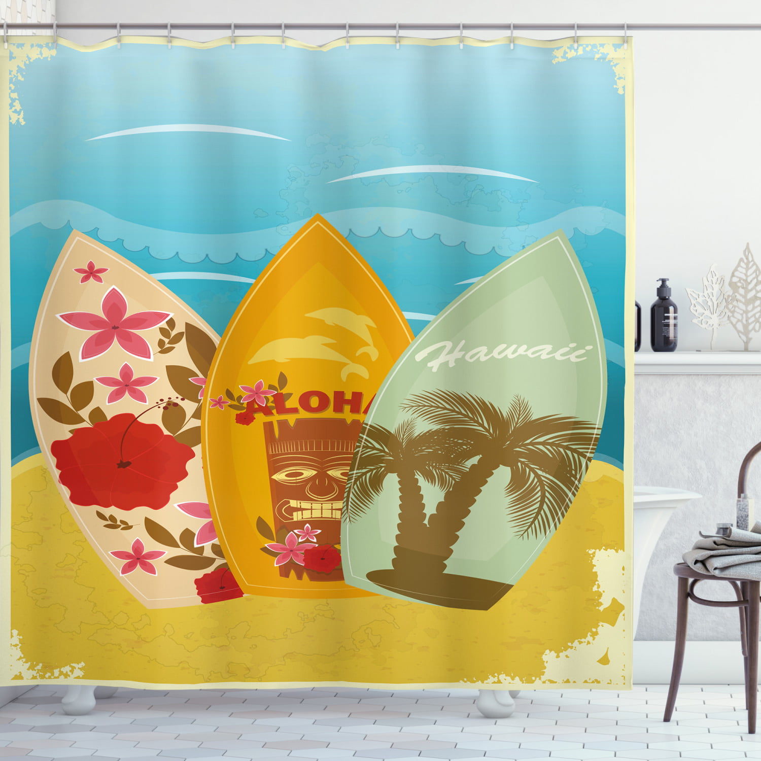 Waterproof Fabric Shower Curtain Set Enjoy Summer Holidays Sand Beach Surfboard 