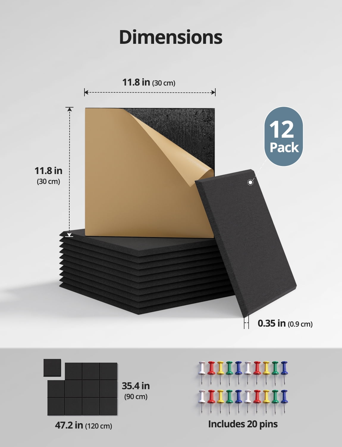 Kuchoow Large Cork Boards for Walls 48" x 36" Bulletin Boards with Pushpins for Office, 12 Pack Self-Adhesive Tack Board Self-Adhesive Black Felt Wall Tiles for Room Classroom