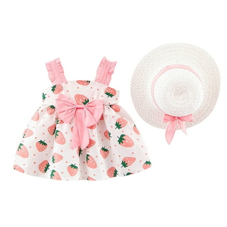 

LBECLEY Baseball Smocked Dress Girls Strawberry Baby Clothes Hat Princess Outfit Suspenders Print Dress Girls Dress&Skirt Toddler Girl Short Sleeve Shirt Pink 100
