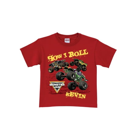 Personalized Monster Jam Toddler Boys' T-Shirt - How I Roll Red - 2T, 3T, 4T, 5/6T
