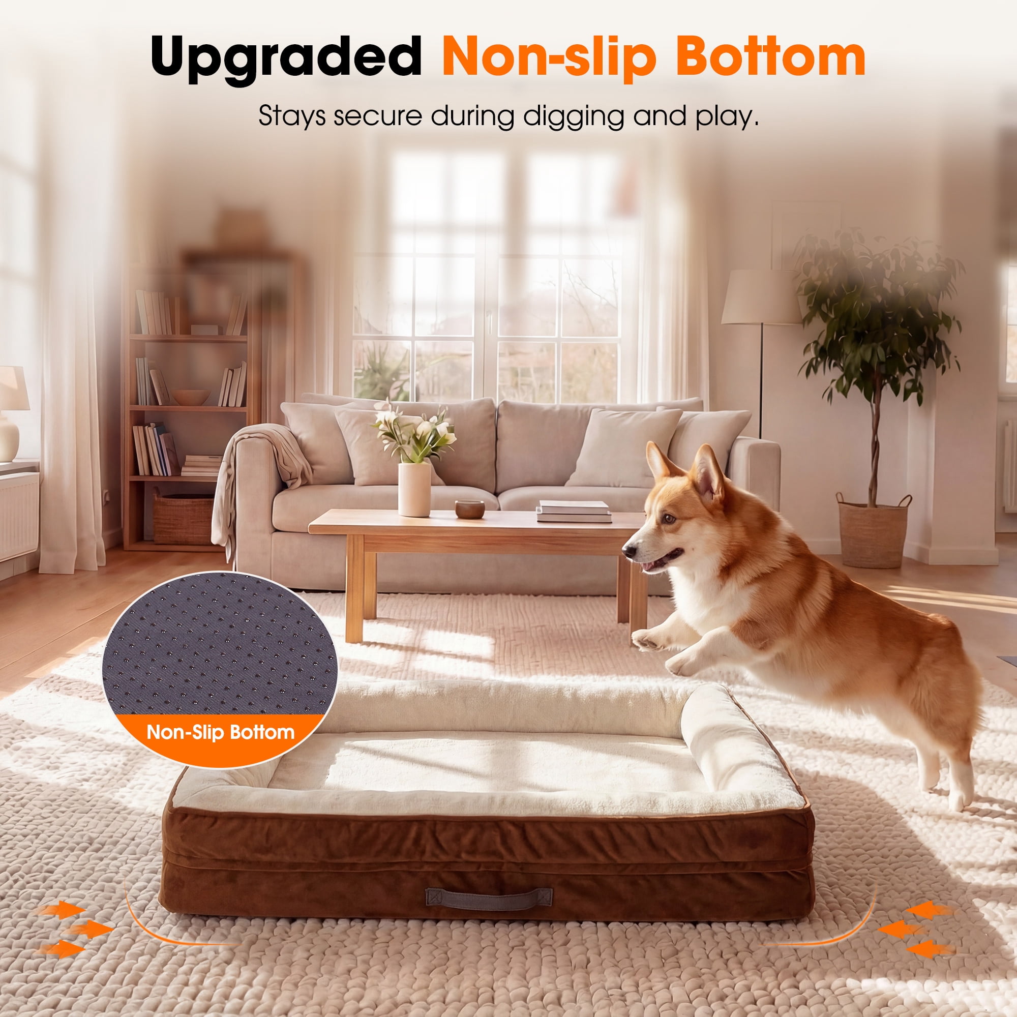 Orthopedic Dog Bed Large Waterproof Pet Sofa Bed Four-Sided Bolster Cushion Dog Couch with Removable Washable Cover,Brown