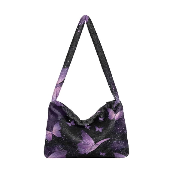 DIXRUYEE Purple Butterfly Pattern Print Plush Shoulder Bag Soft Faux Fluffy Hobo Tote Bag With Zipper Closure Casual Lightweight Crossbody Handbag
