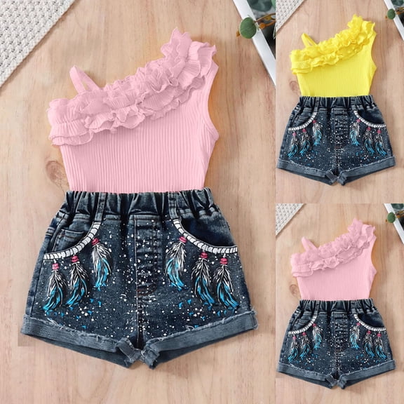 HAOTAGS Girls 2-Piece Summer Set (3–7Y),Off-Shoulder Ruffle Tank Top Printed Denim Shorts Comfortable Stylish Casual Round-Neck Sleeveless Outfit Pink 6-7T