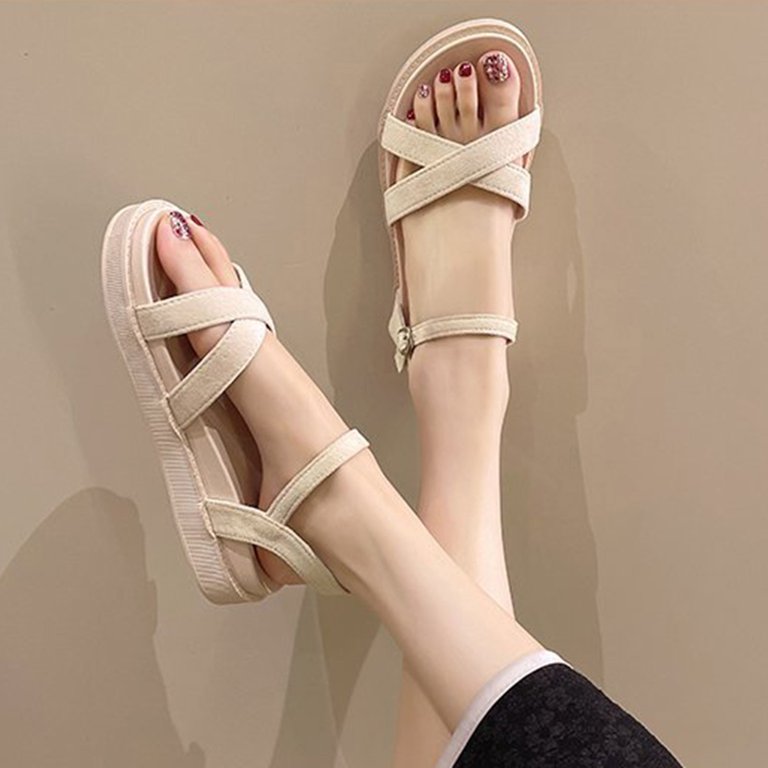 PMUYBHF Closed Toe Sandals Women Wide Width Women Sandals Fashion Solid  Color Summer Simple Thick Bottom Flat Bottom Comfortable Beach Sandals  Buckle Strap Casual Shoes 