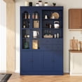 thumbnail image 3 of Harper & Bright Designs Farmhouse Kitchen Pantry Cabinet with Hutch, Tall Kitchen Storage Cabinet with Glass Door and Drawer, Freestanding Hutch with Shelves and Pull-out Trays, 75", Blue, 3 of 14