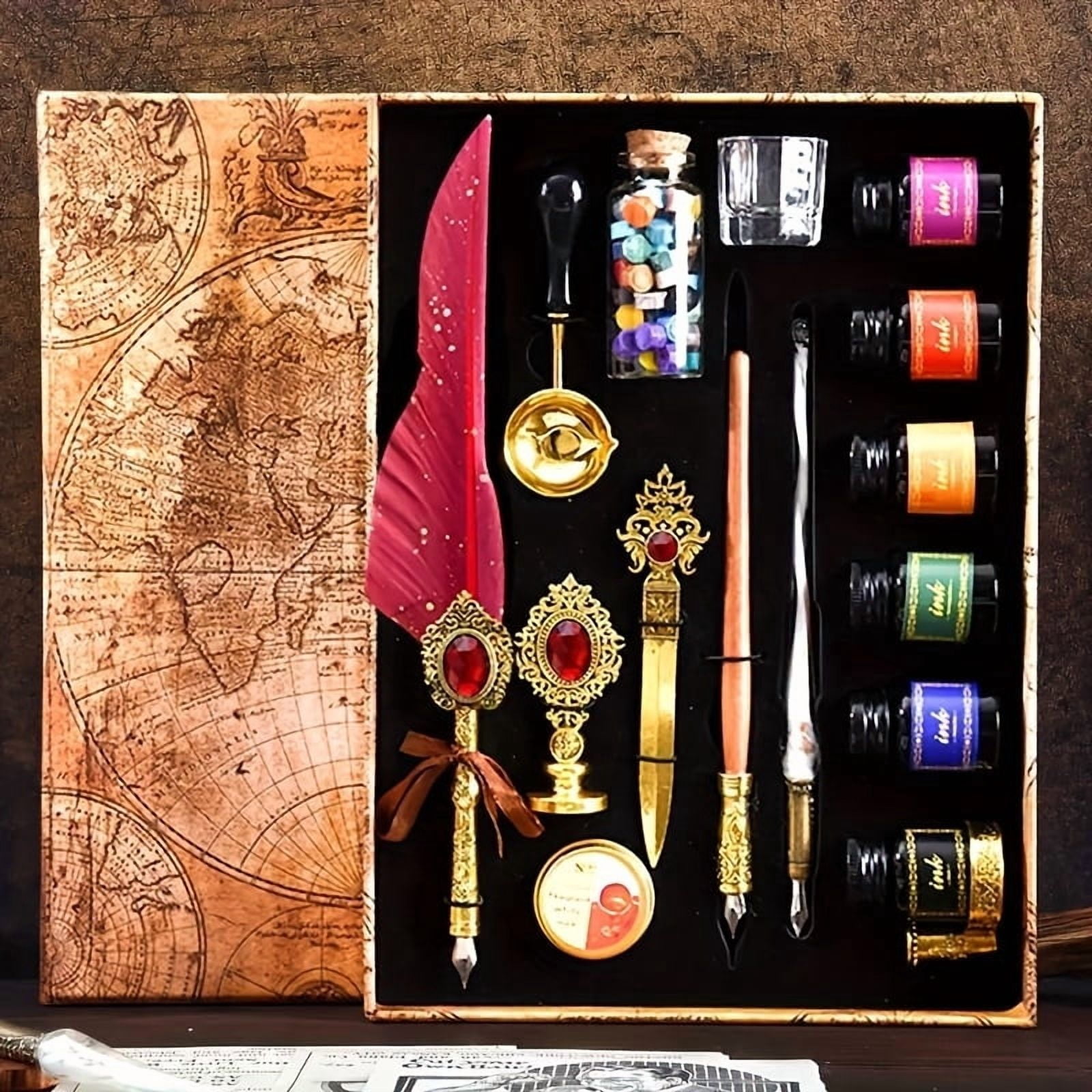 Halloween Vintage Quill Pen Set Calligraphy Glass Dip Pen Feather Pen Wax Seal Kit Multifunctional Letter Opener Reusable Writing Pen Ideal
