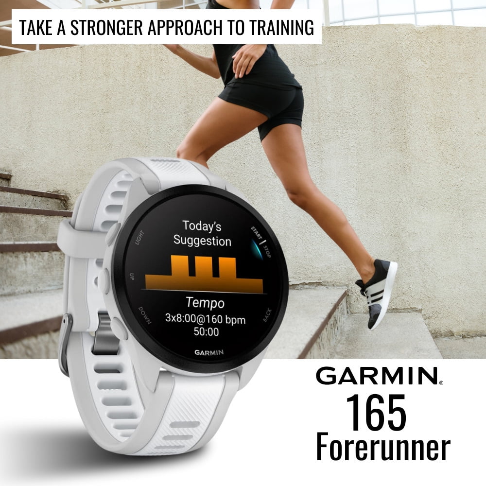 Garmin Forerunner 165 GPS Running Smartwatch (Mist Gray-Whitestone) Bundle with Focus Camera Charger Stand for Garmin Smartwatches and In-Ear Earbud Headphones (White) (3 Items)