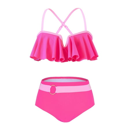 Biezeib Mommy and Me Swimsuit  Contrast Color Leaves Print Ruffled Bra with Briefs Family Matching Swimsuit 2-piece Summer Bikini Set