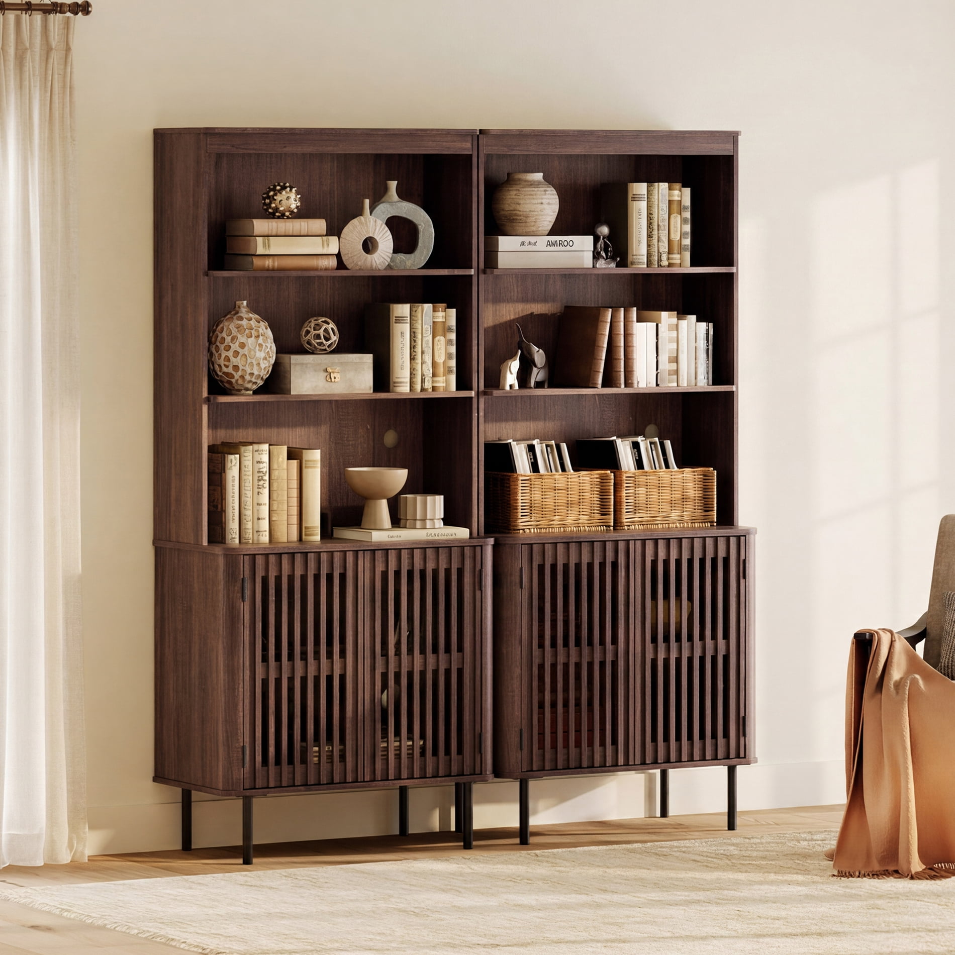 72.8" Tall Bookshelf with Doors - 6 Tiers Large Modern Bookcase with Adjustable Shelves, Walnut