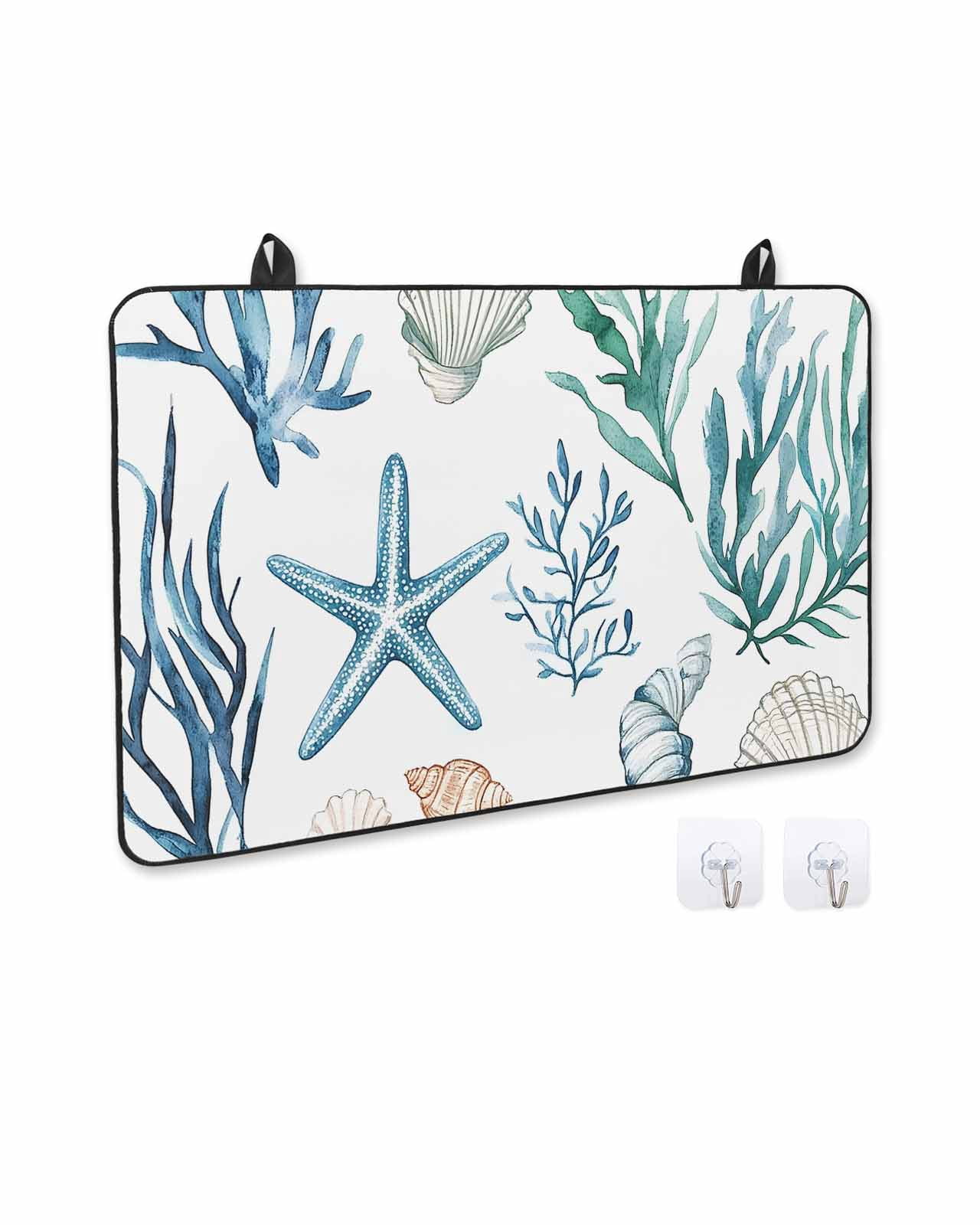 nqOlkjepod Large Induction Cooktop Protector Mat 24"x21", Summer Coastal Stove Top Covers for Electric Stove, Ocean Watercolor Starfish Shell Seaweed Stove Burner Cover Mats, Glass Top Stove Cover