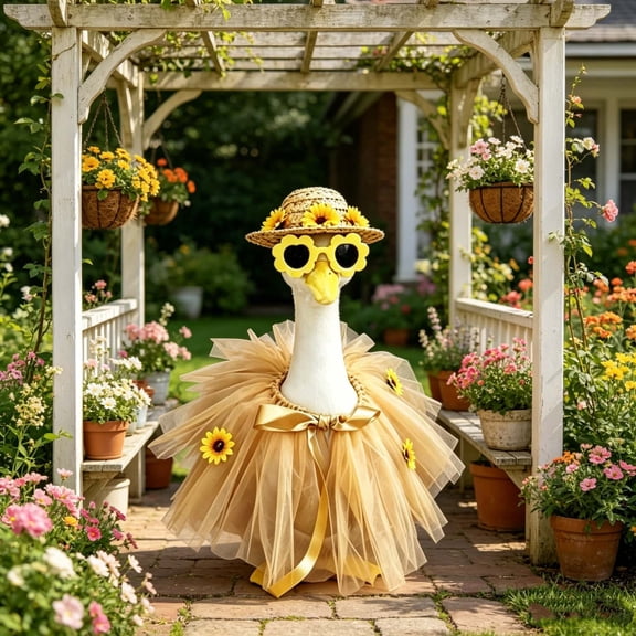 AuroraX Porch Goose Clothes Set 23" 17 19 inch Goose Outfit for Plastic Goose Set Pattern Summer with Hat Sunglasses Dress Lawn Garden Decor Outdoor Porch Goose Accessories Yellow