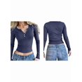 thumbnail image 2 of Womens Long Sleeve Henley Shirts Fall Clothes Fitted Casual Work Basic Cute Tops Button V Neck Tee T-Shirts Navy Blue L, 2 of 7