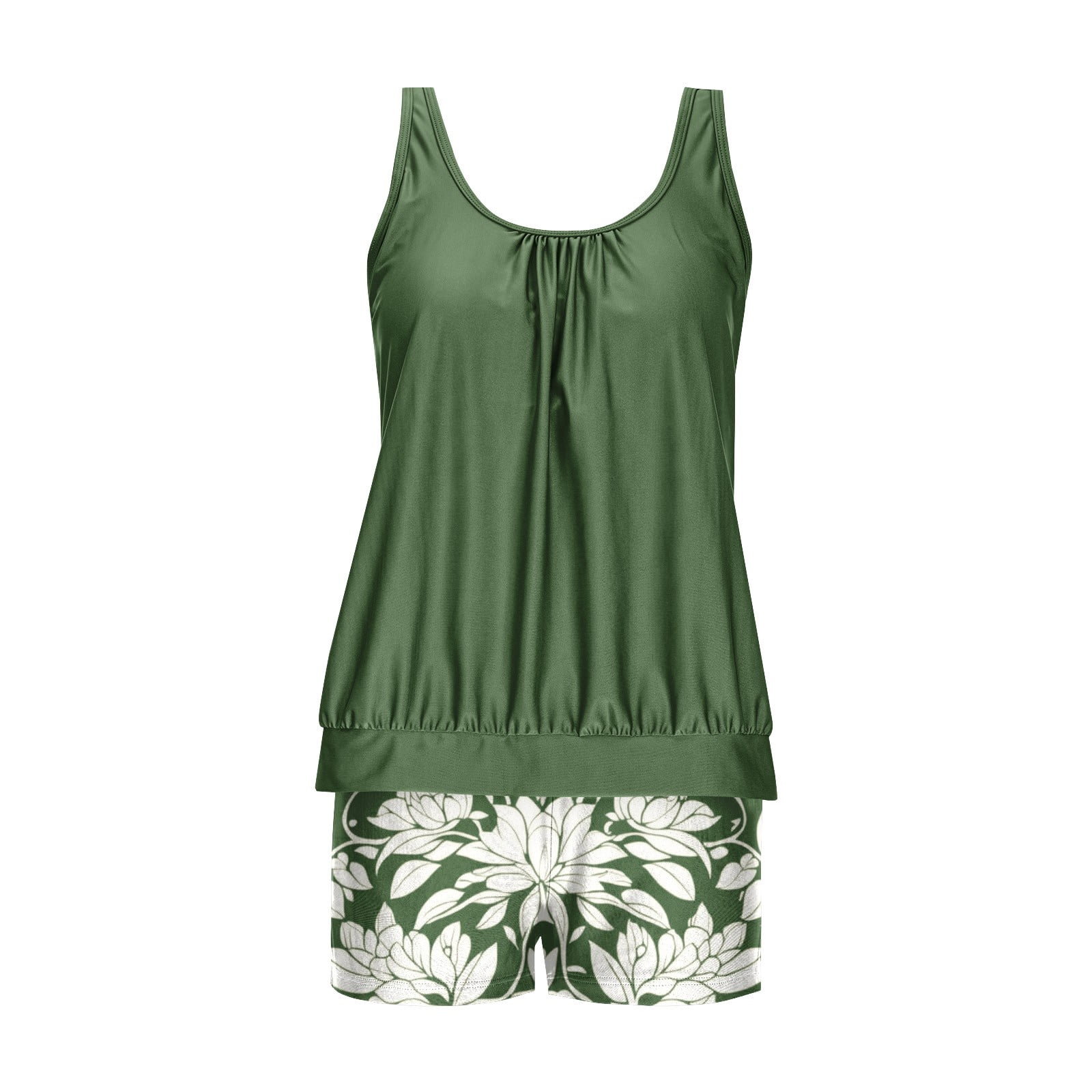 Jsaierl Women's Two Piece Tankini Bathing Suits Blouson Swim Tops Summer Print Swimwear Conservative Cute Modest Beachwear with Swim Shorts Tankini Swimsuits