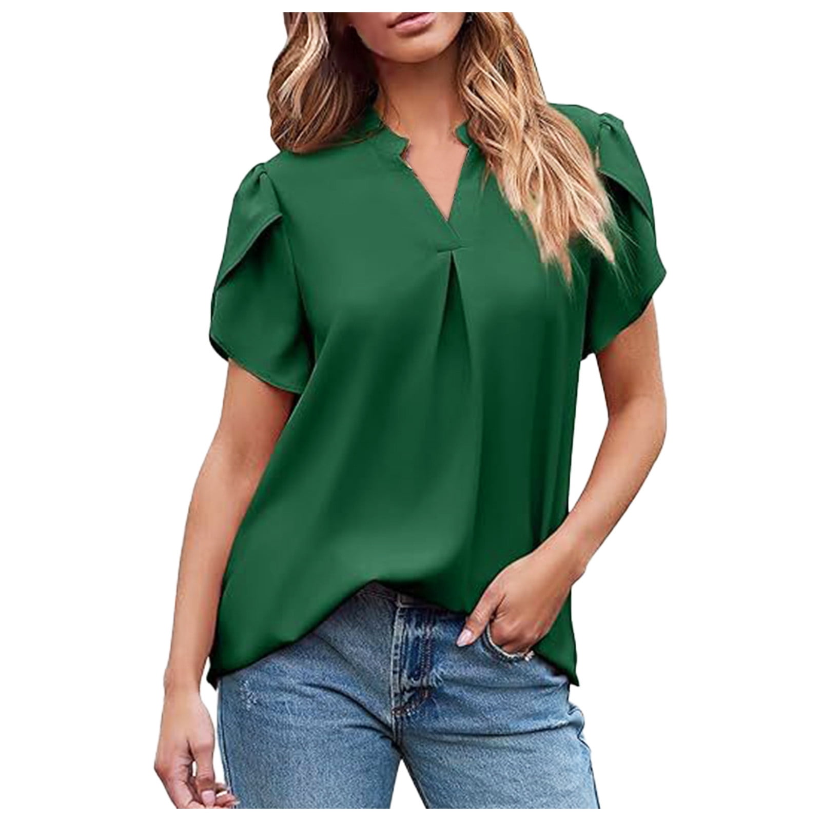 Gaharu Women's Short Sleeve Pleated Tunic Blouse - Green, Size Large, Casual Loose Fit Top - View #8