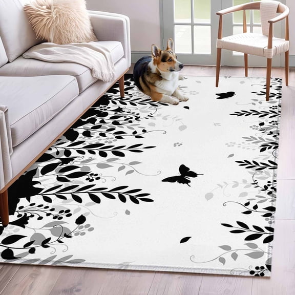 Area Rug for Living Room, Black Spring Botanical Non-Slip Indoor Large Carpet for Bedroom/Dining Room, Weeping Eucalyptus Butterfly Washable Low-Profile Rectangle Floor Mat Runner Rugs - 3 x 5 Ft