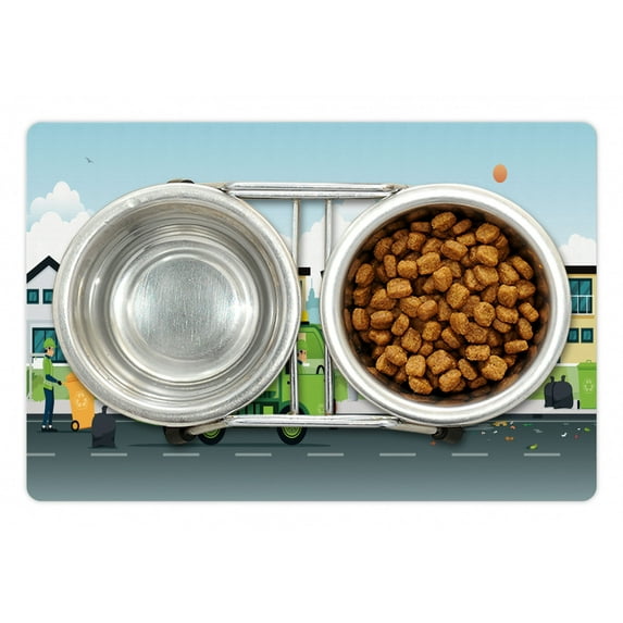 Garbage Truck Pet Mat for Food and Water, Truck on the Road with Houses on the Background Men Picking the Trash, Non-Slip Rubber Mat for Dogs and Cats, 18" X 12", by Ambesonne
