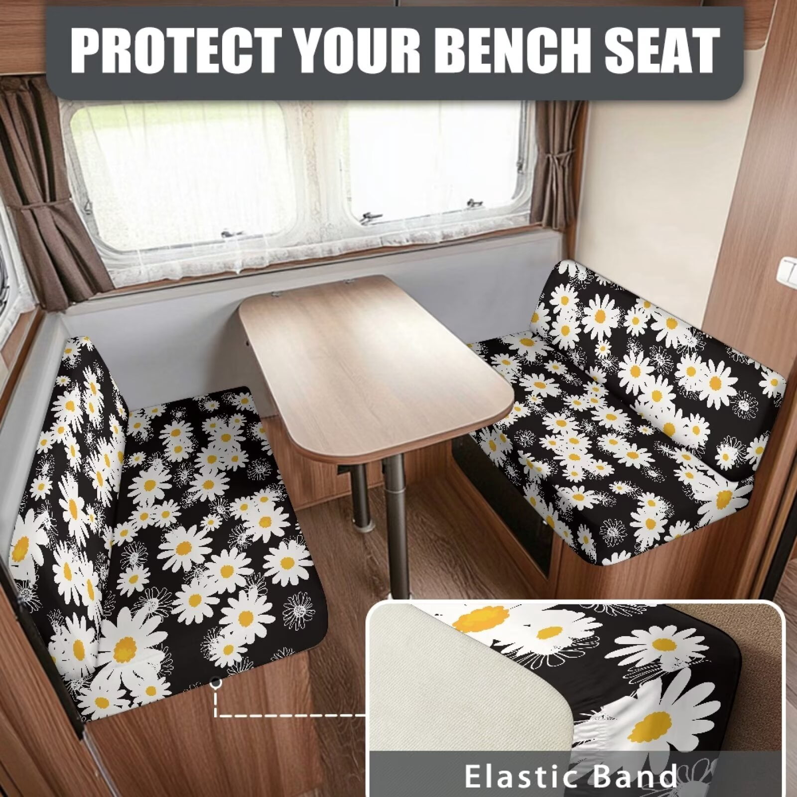 XYZCANDO Cute Daisy RV Dinette Cushion Covers Universal RV Accessories Outdoor Travel Use Comfortable Bench Cushion Stretchable Couch Cover 2 Cushion Sofa Washable Sofa Cover Gifts for Friend