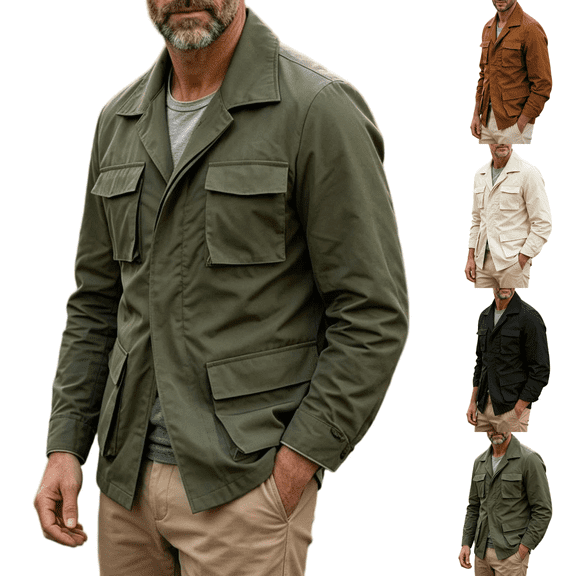 Hulanddfd Men Jacket Long Sleeve Button Down Collared Flap Pocket Loose Fit Casual Outwear Lightweight Comfortable Everyday Wear